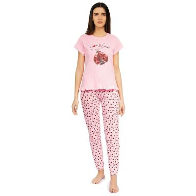 Pigiama Donna Cotone Coccinella Rosa Maglia mezza manica e Pantalone Lungo Taglia M_