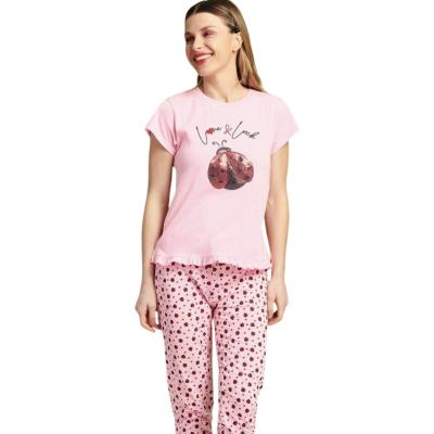 Pigiama Donna Cotone Coccinella Rosa Maglia mezza manica e Pantalone Lungo Taglia M_