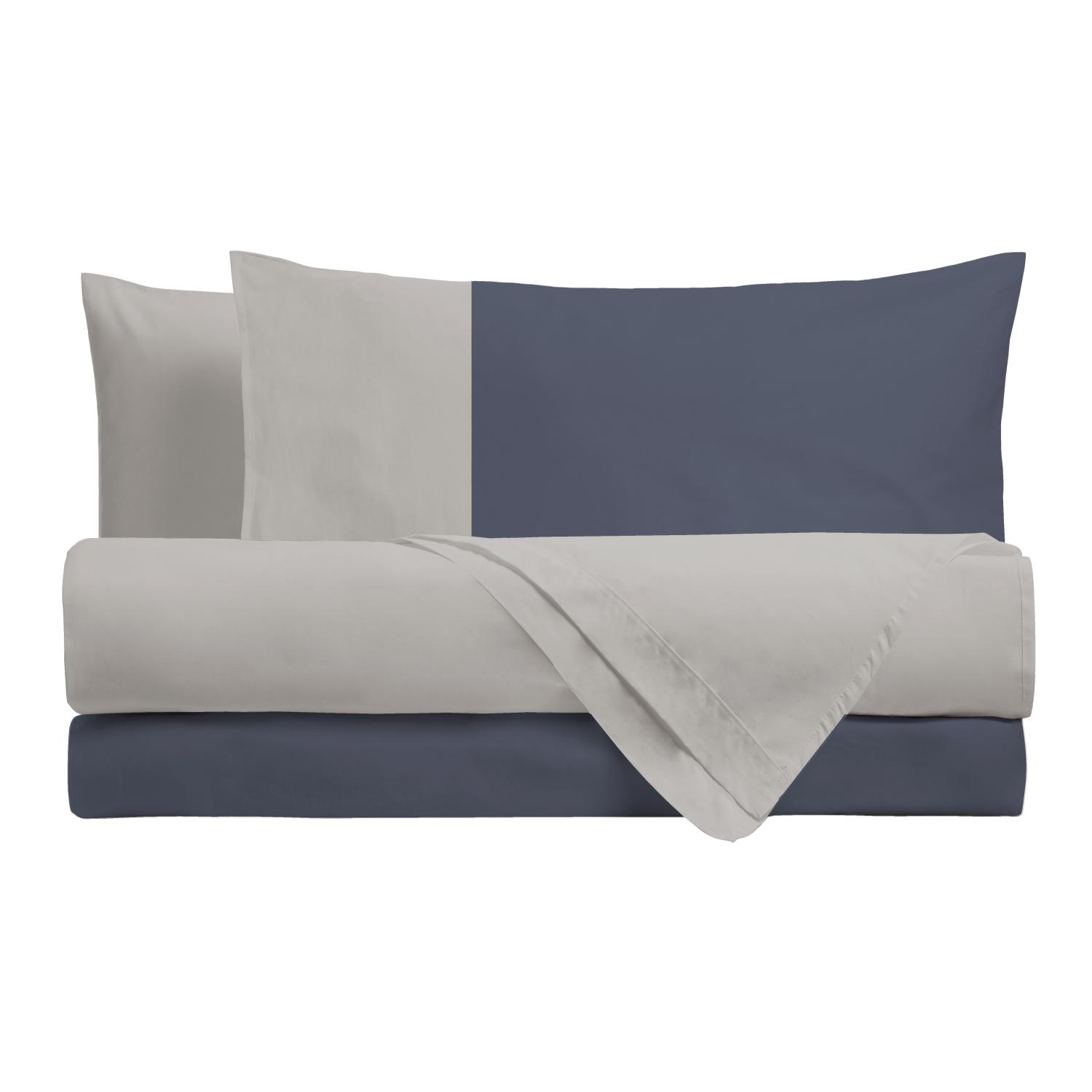 Perlarara Completo Letto Matrimoniale Lenzuola Cotone Bicolore Perla Blu Profondo