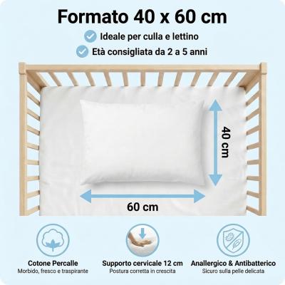 Perlarara - Cuscino Bambino da 2 a 5 Anni Morbido in Cotone 40x60 cm_