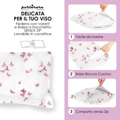 PERLARARA Completo Letto Matrimoniali Percalle di Cotone, Rosa CLC02 Lenzuola sopra con balza Copriletto, Sotto con Angoli, 2 Federe con Volani_