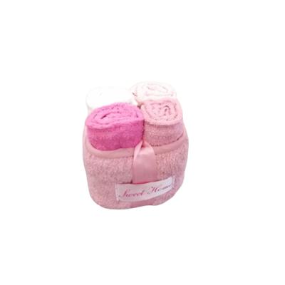 Cogal, Lavette set 4 pezzi 30x30 cm, Spugna di Puro Cotone, Asciugamano Bagno in Cestino porta lavette Rosa