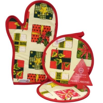 Set Cucina Natalizio Regalo Multicolor: Guanto da Forno e Due Presine in Cotone