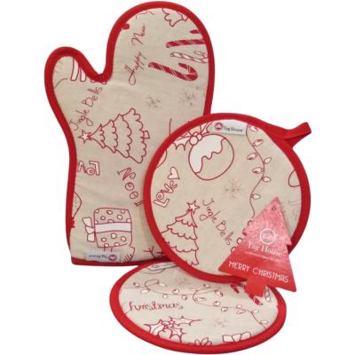 Set Cucina Natalizio Love Rosso: Guanto da Forno e Due Presine in Cotone