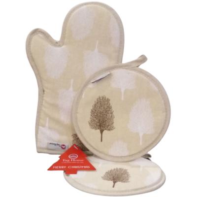 Set Cucina Natalizio Albero Bianco: Guanto da Forno e Due Presine in Cotone