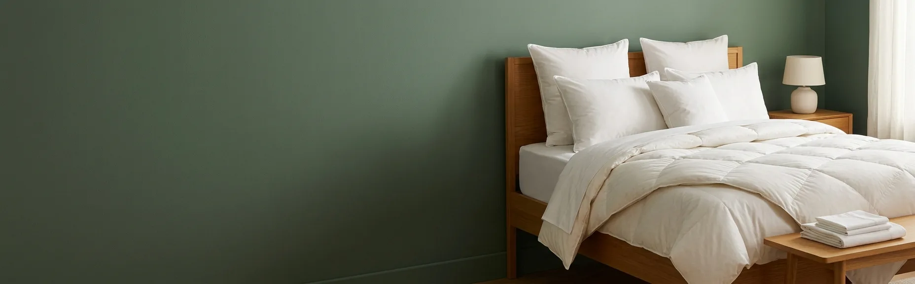Letto con topper, guanciali e piumino bianchi su parete verde salvia