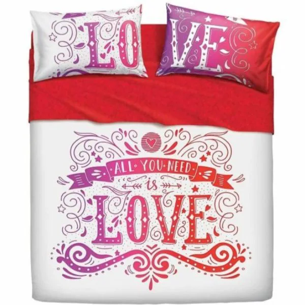 Bassetti - Completo Letto Cotone Set Lenzuola Matrimoniale Piazza e mezza Singolo Imagine Stampa Digitale Love Tattoo, Lenzuolo con Balza Copriletto e Sotto con Angoli e Federe