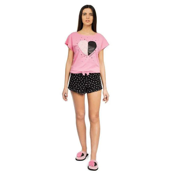 Di Maestro Pigiama Donna Cotone Stephanie nero rosa Maglia corta Pantaloncino corto