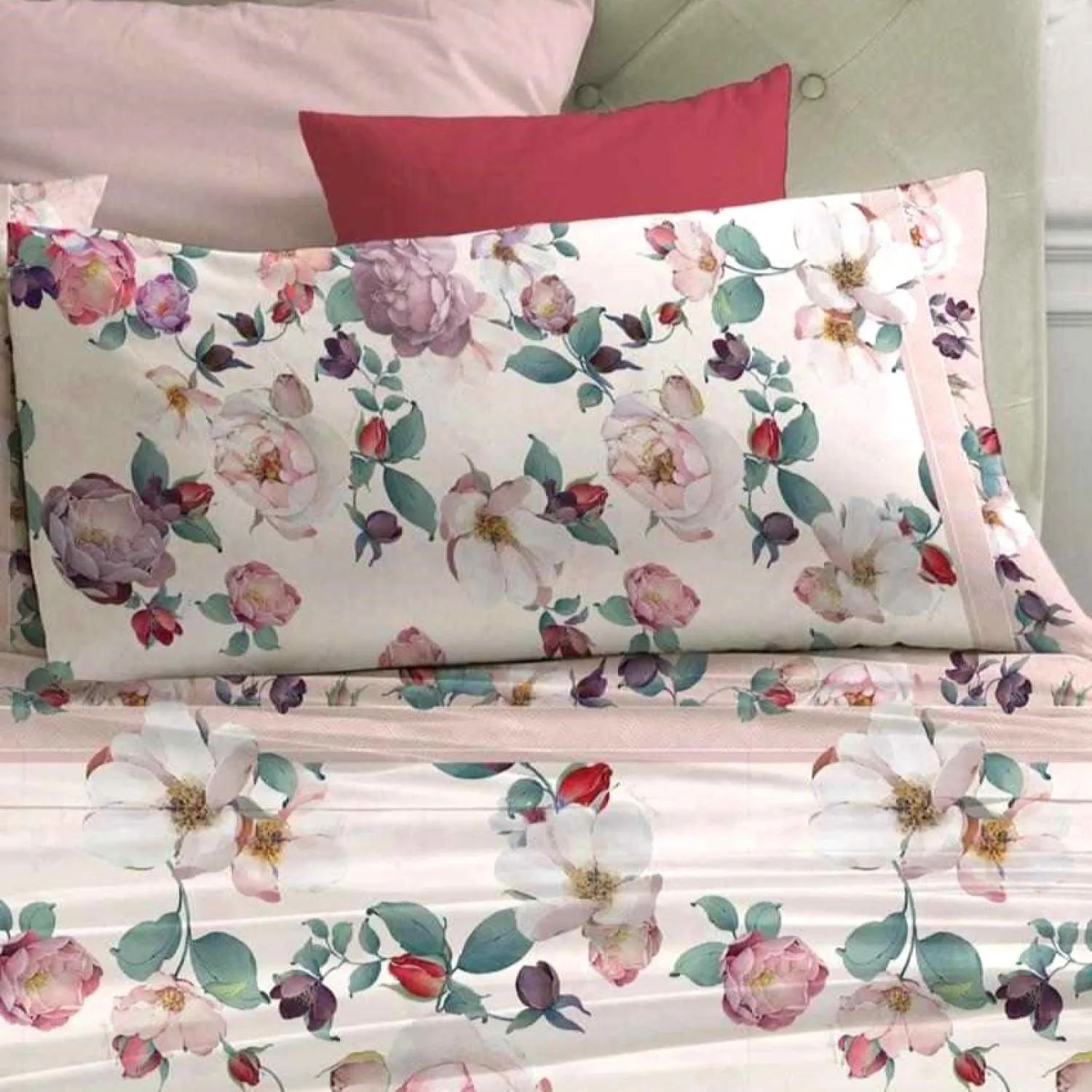 Laura Biagiotti Completo Letto Lenzuola Matrimoniale Raso di Puro Cotone, due piazze, Lenzuolo Sopra, Sotto con angoli Maxi con 2 Federe con volani