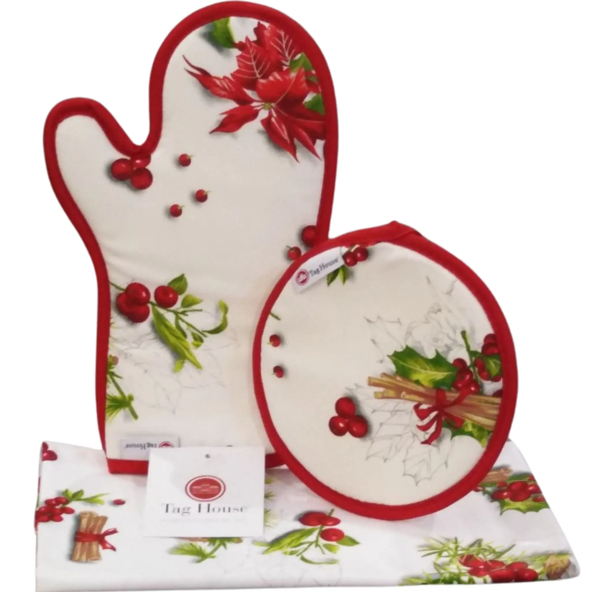 Tag House - Set Completo Cucina Natalizio Cannella Multicolor, Asciugapiatti, Guanto e Presina in Cotone