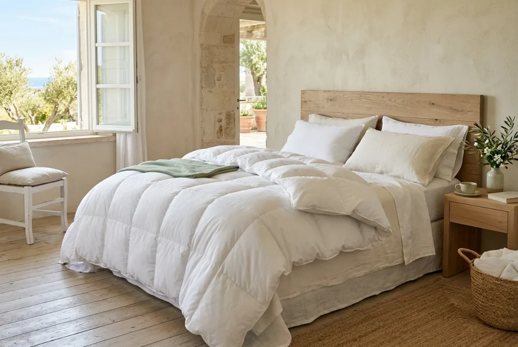 Piumino in piuma d'oca su letto