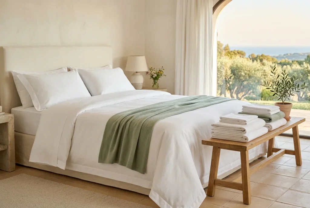 Letto con lenzuola e completi piegati